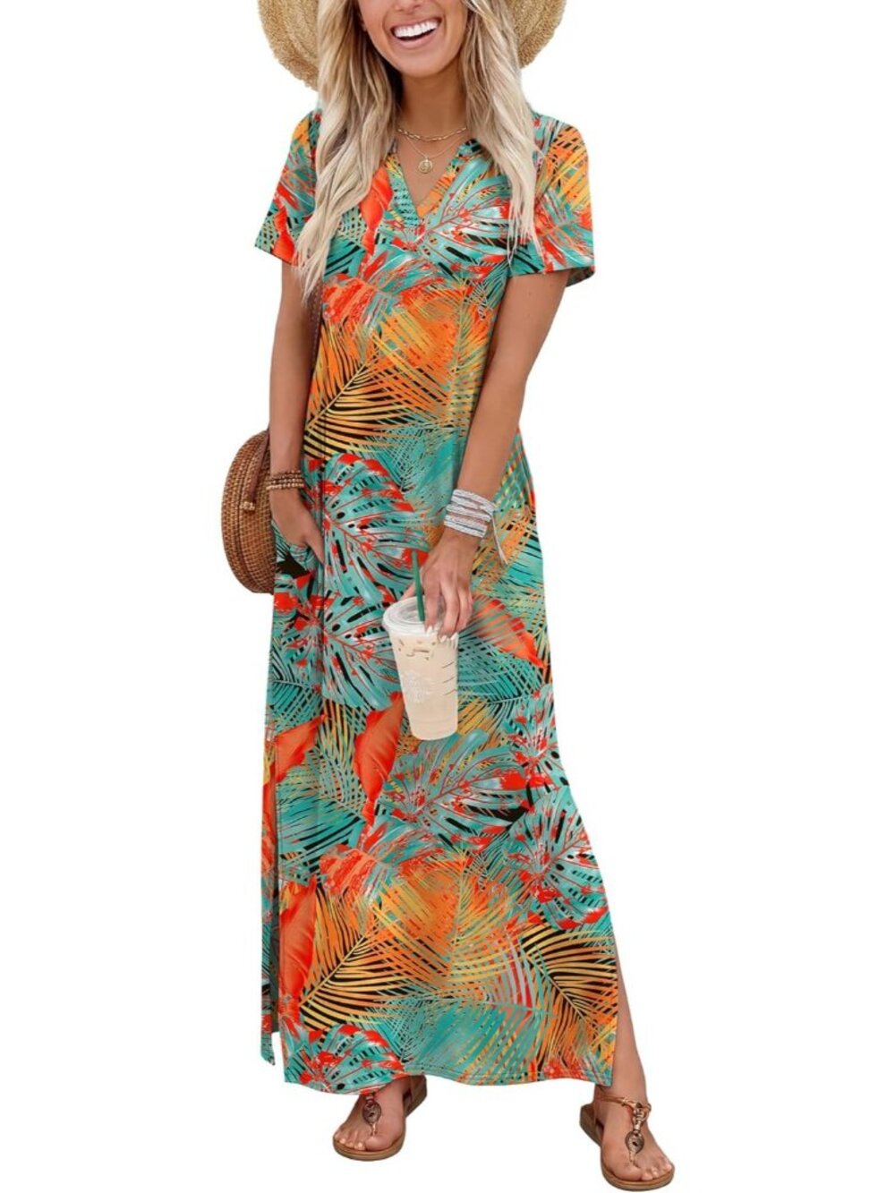 〽️Orange Floral Maxi Sundress Women's V Neck Short Sleeve Beach Vacation
